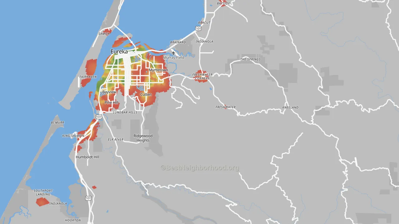 Walk Grade map of Humboldt County, CA, walkable areas in green and car-dependent areas in red