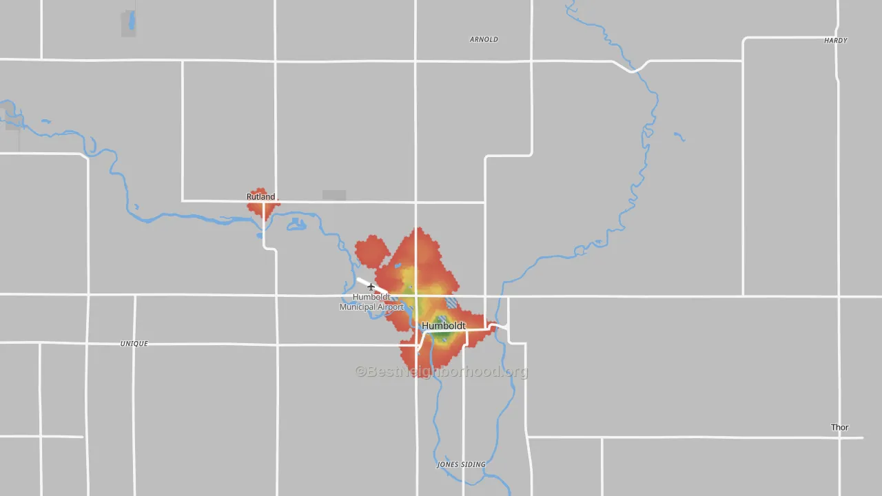 Walk Grade map of Humboldt County, IA, walkable areas in green and car-dependent areas in red