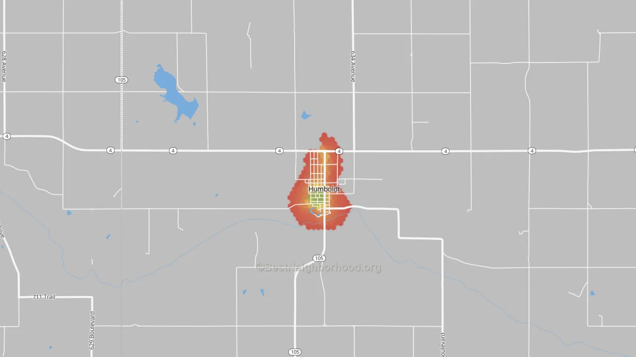 Walk Grade map of Humboldt, NE, walkable areas in green and car-dependent areas in red