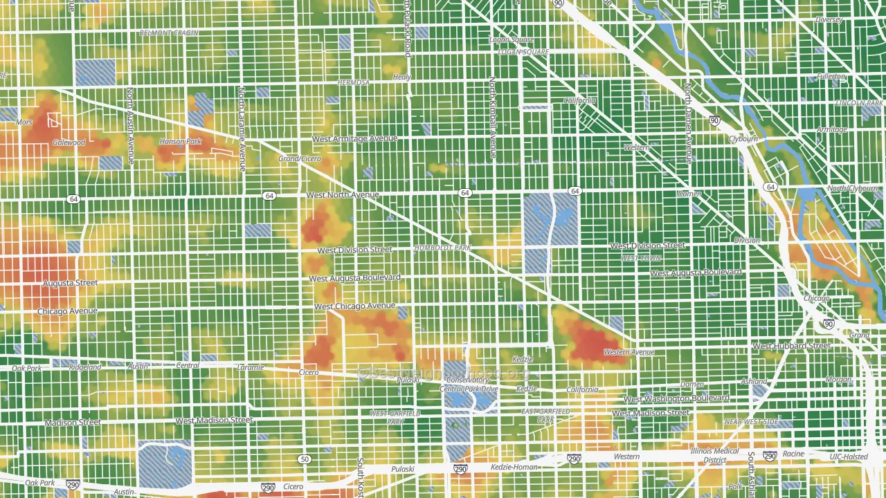Walk Grade map of Humboldt Park, Chicago, IL, walkable areas in green and car-dependent areas in red