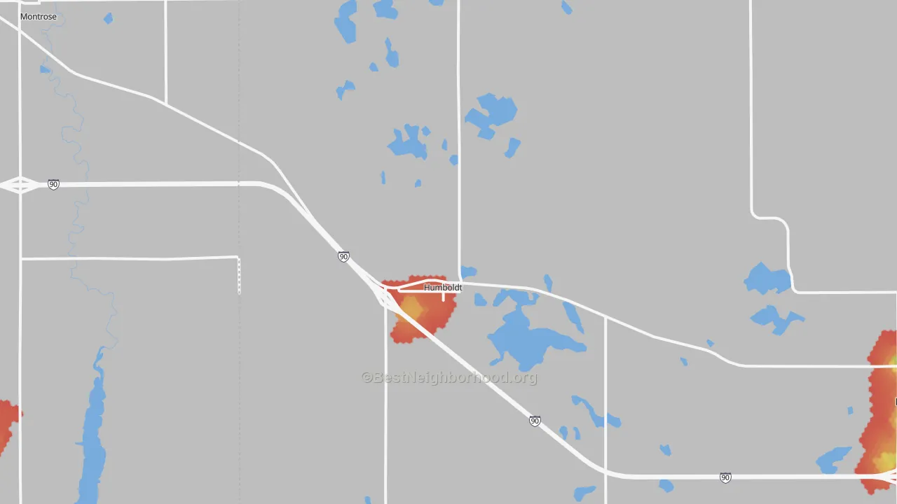 Walk Grade map of Humboldt, SD, walkable areas in green and car-dependent areas in red