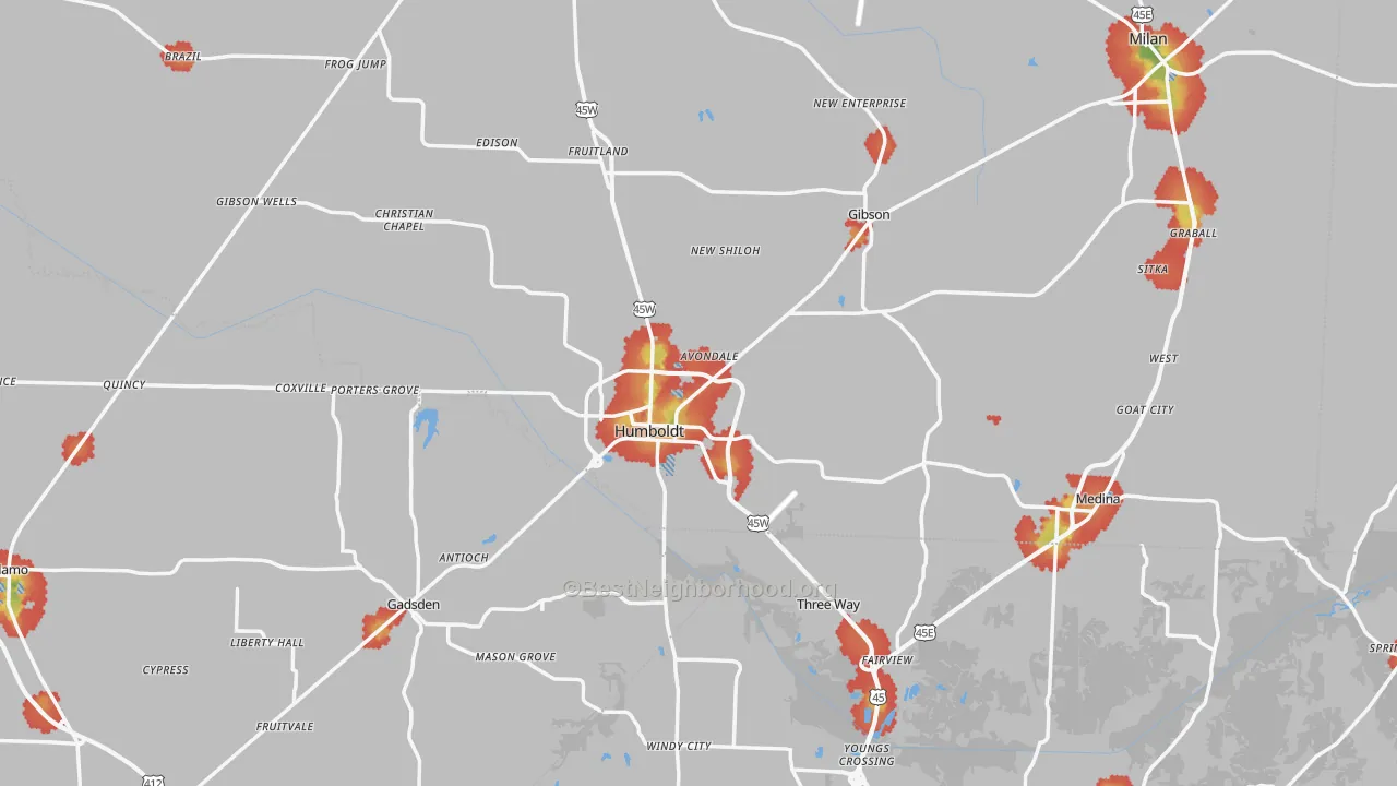 Walk Grade map of Humboldt, TN, walkable areas in green and car-dependent areas in red