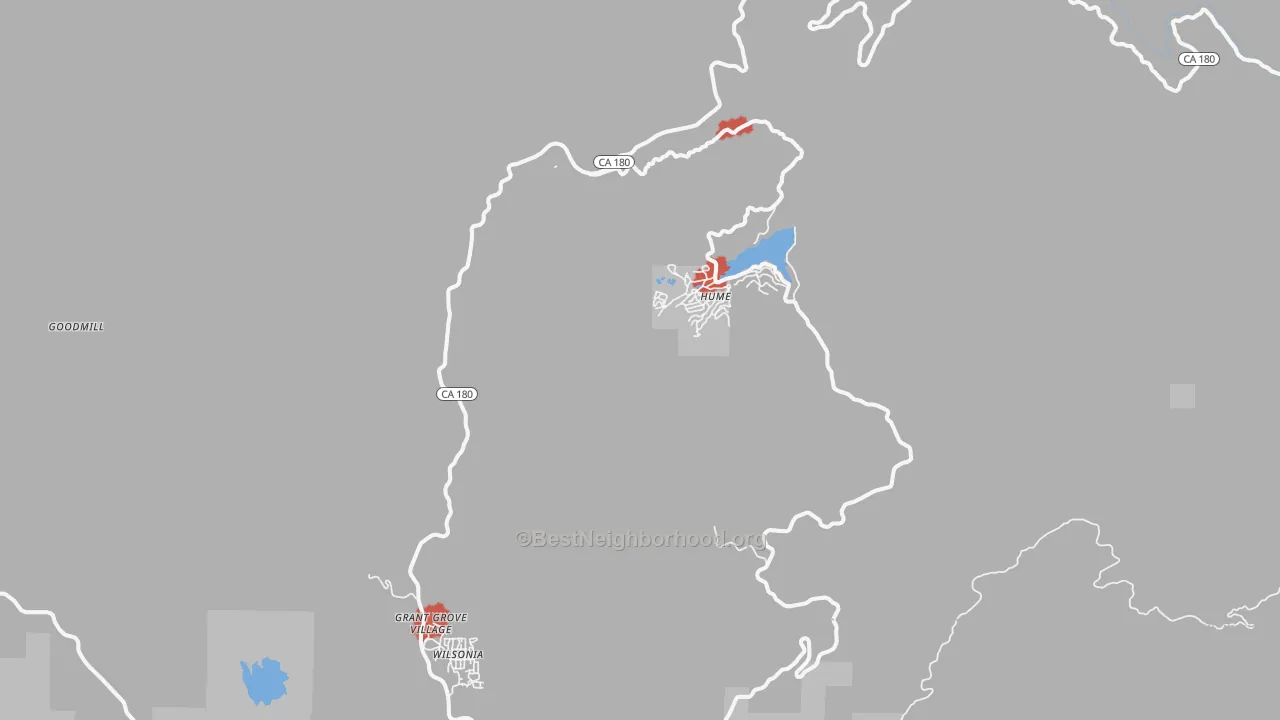 Walk Grade map of Hume, CA, walkable areas in green and car-dependent areas in red