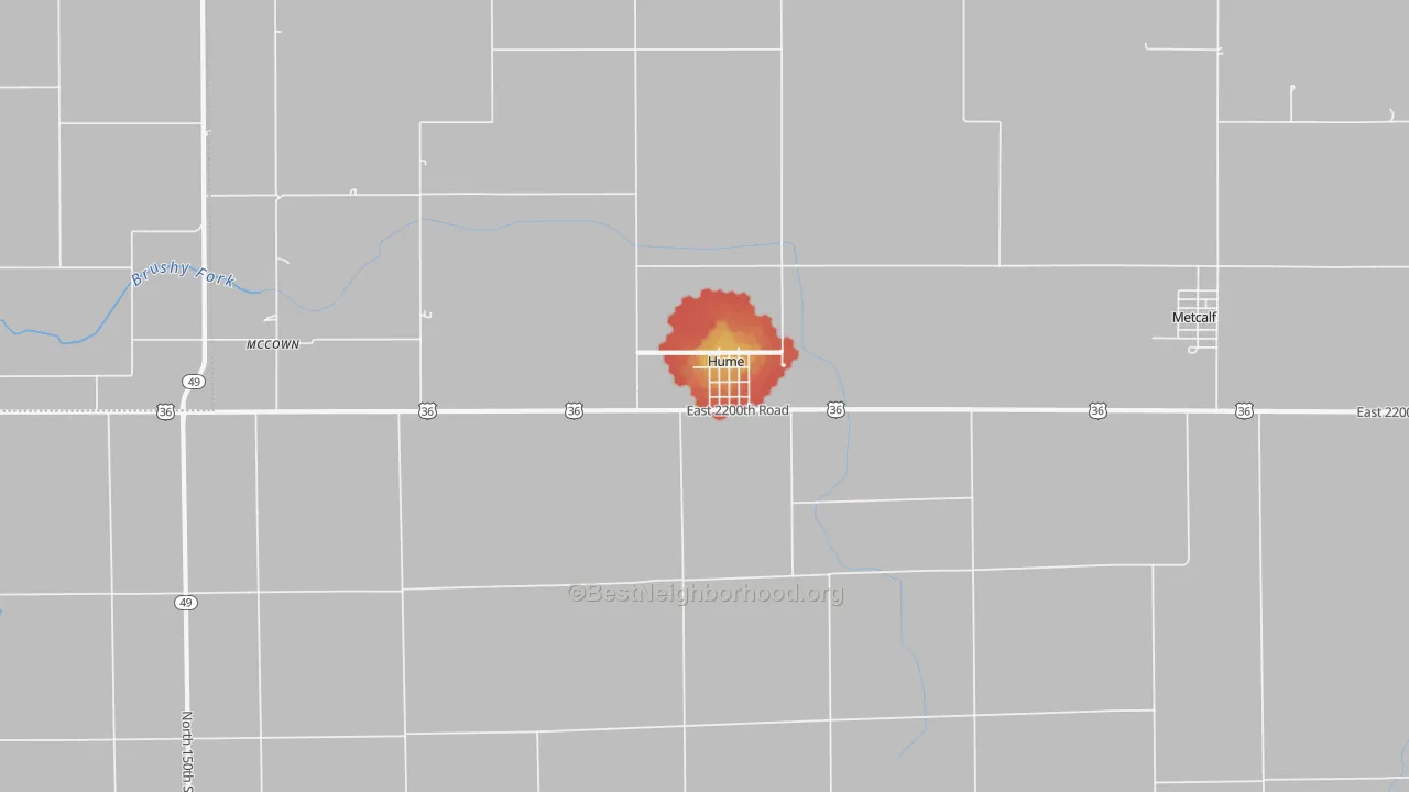Walk Grade map of Hume, IL, walkable areas in green and car-dependent areas in red