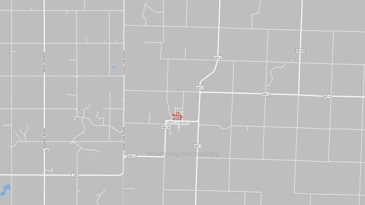 Walk Grade map of Hume, MO, walkable areas in green and car-dependent areas in red