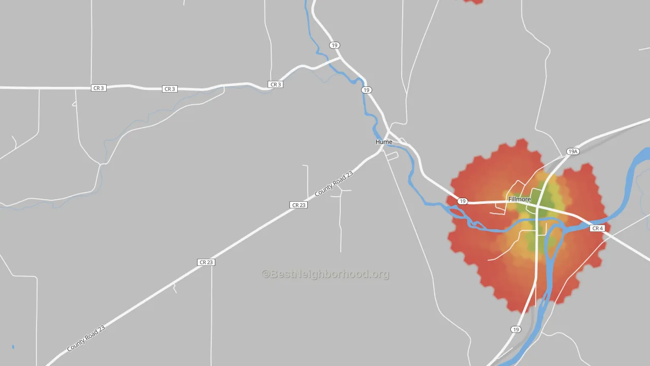Walk Grade map of Hume, NY, walkable areas in green and car-dependent areas in red