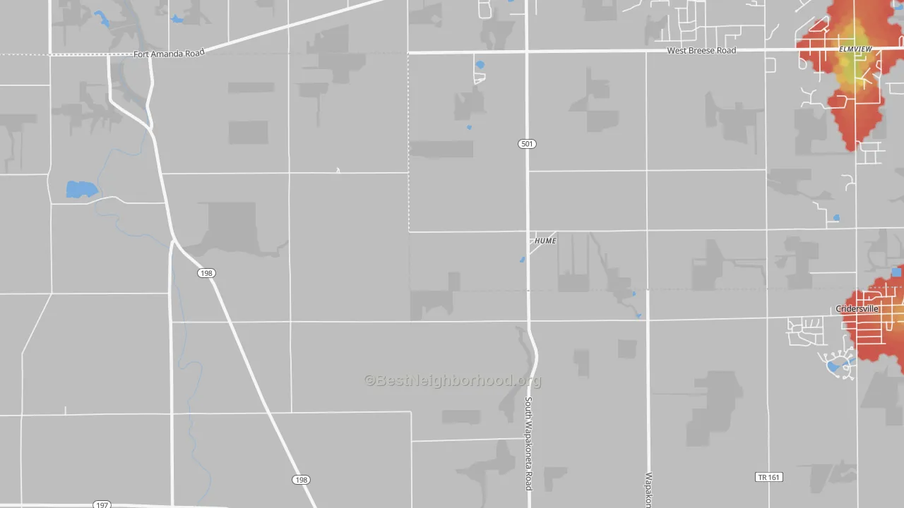 Walk Grade map of Hume, OH, walkable areas in green and car-dependent areas in red