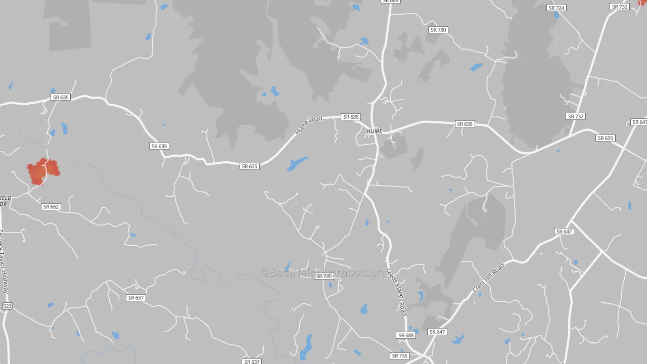 Walk Grade map of Hume, VA, walkable areas in green and car-dependent areas in red