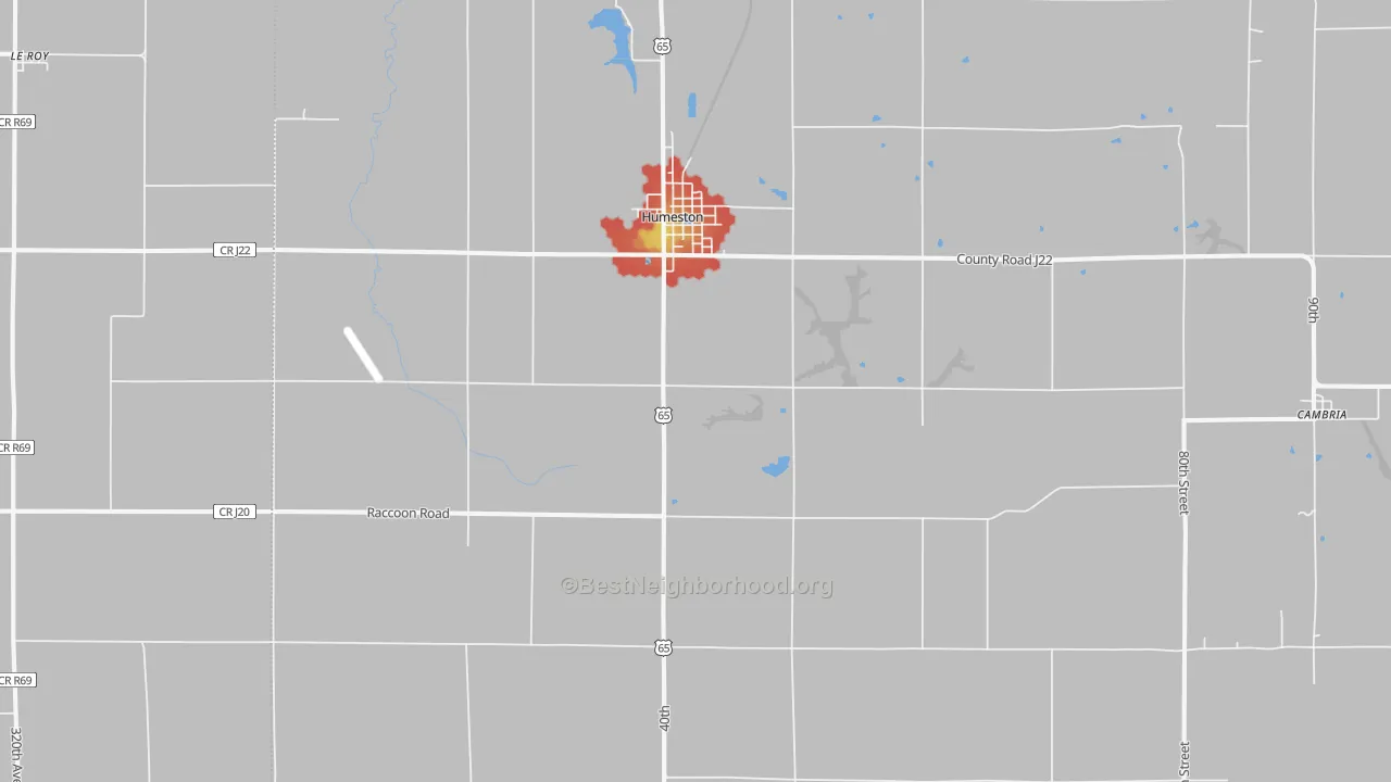 Walk Grade map of Humeston, IA, walkable areas in green and car-dependent areas in red