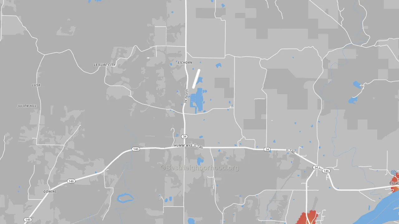Walk Grade map of Humm Wye, IL, walkable areas in green and car-dependent areas in red