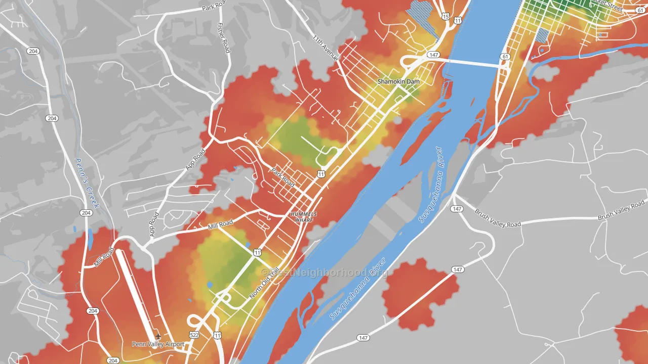 Walk Grade map of Hummels Wharf, PA, walkable areas in green and car-dependent areas in red