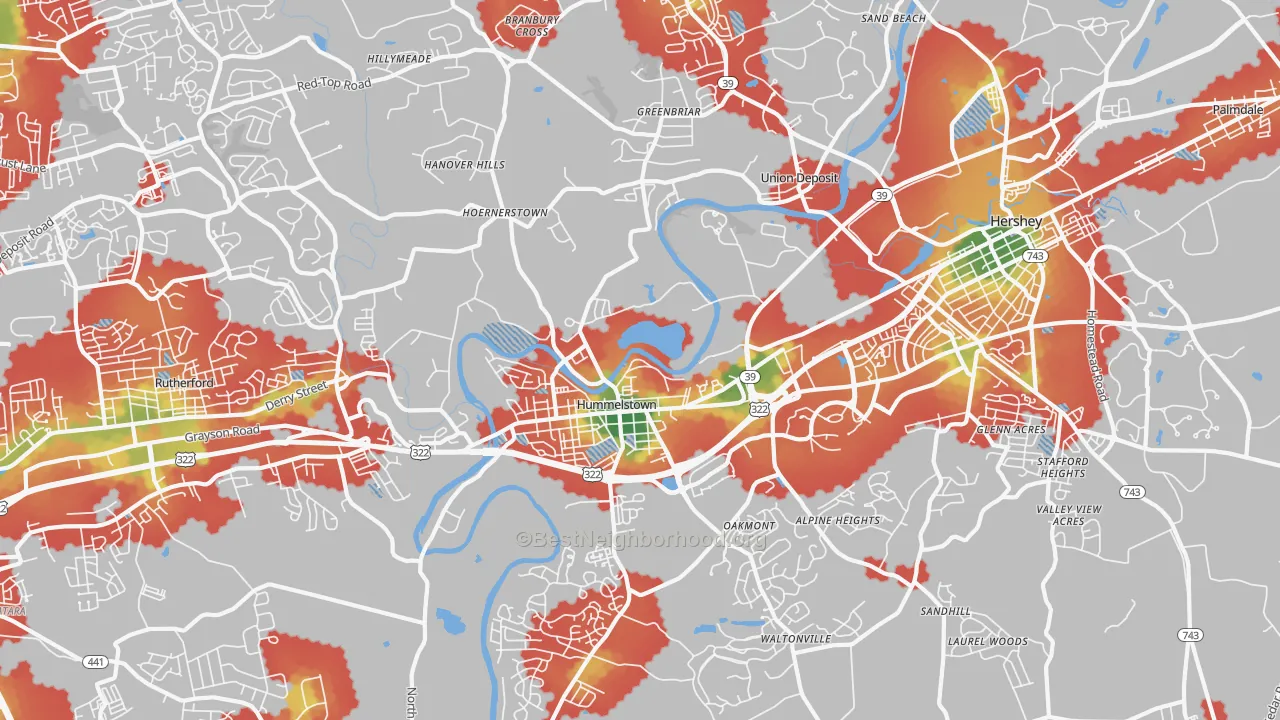 Walk Grade map of Hummelstown, PA, walkable areas in green and car-dependent areas in red