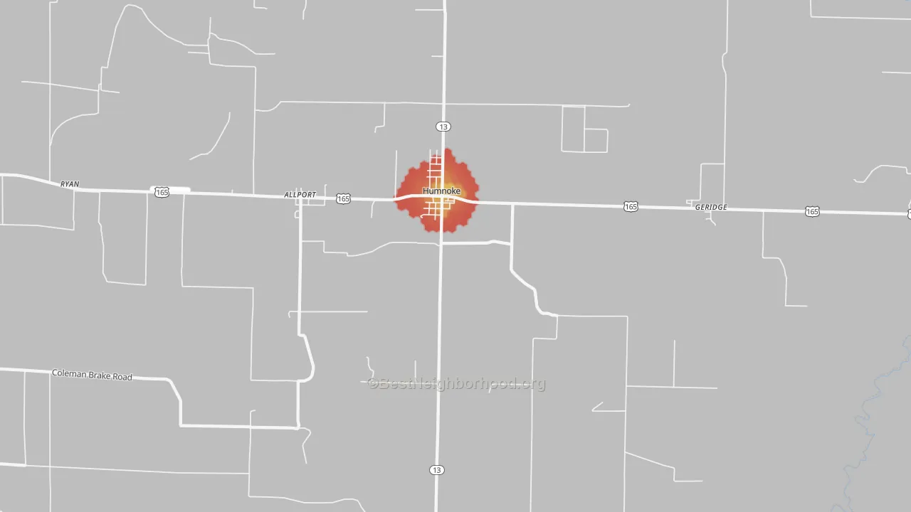 Walk Grade map of Humnoke, AR, walkable areas in green and car-dependent areas in red