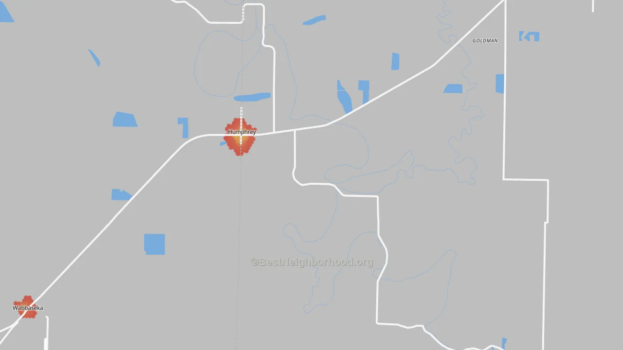 Walk Grade map of Humphrey, AR, walkable areas in green and car-dependent areas in red