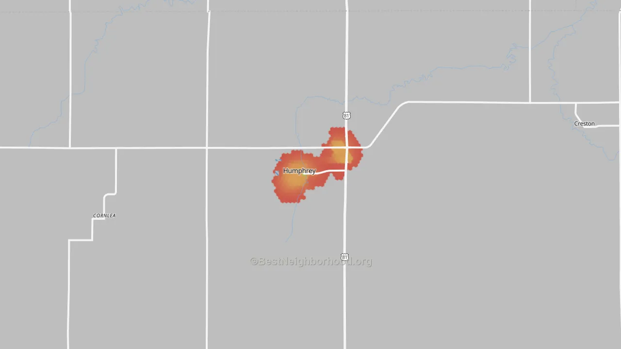Walk Grade map of Humphrey, NE, walkable areas in green and car-dependent areas in red