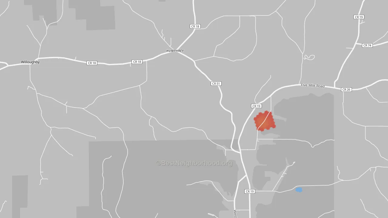 Walk Grade map of Humphrey, NY, walkable areas in green and car-dependent areas in red