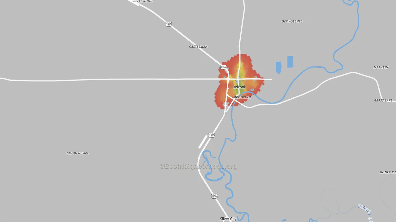 Walk Grade map of Humphreys County, MS, walkable areas in green and car-dependent areas in red