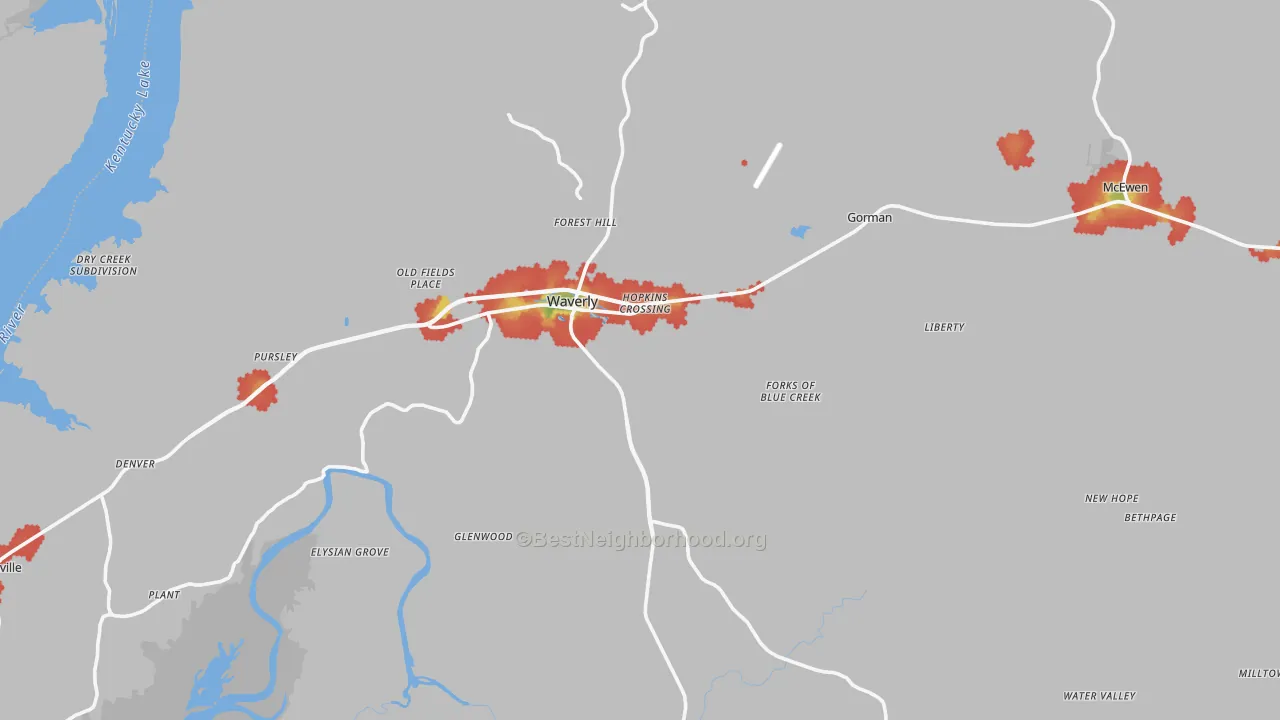 Walk Grade map of Humphreys County, TN, walkable areas in green and car-dependent areas in red