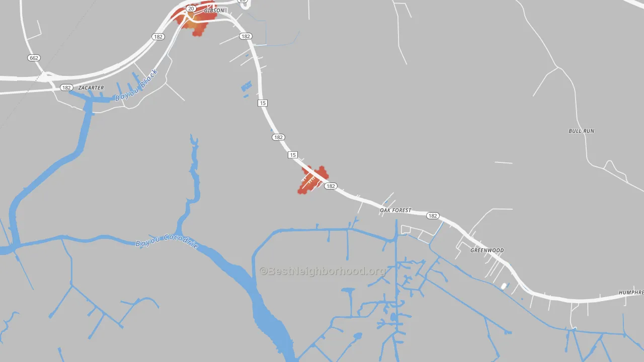 Walk Grade map of Humphreys, LA, walkable areas in green and car-dependent areas in red