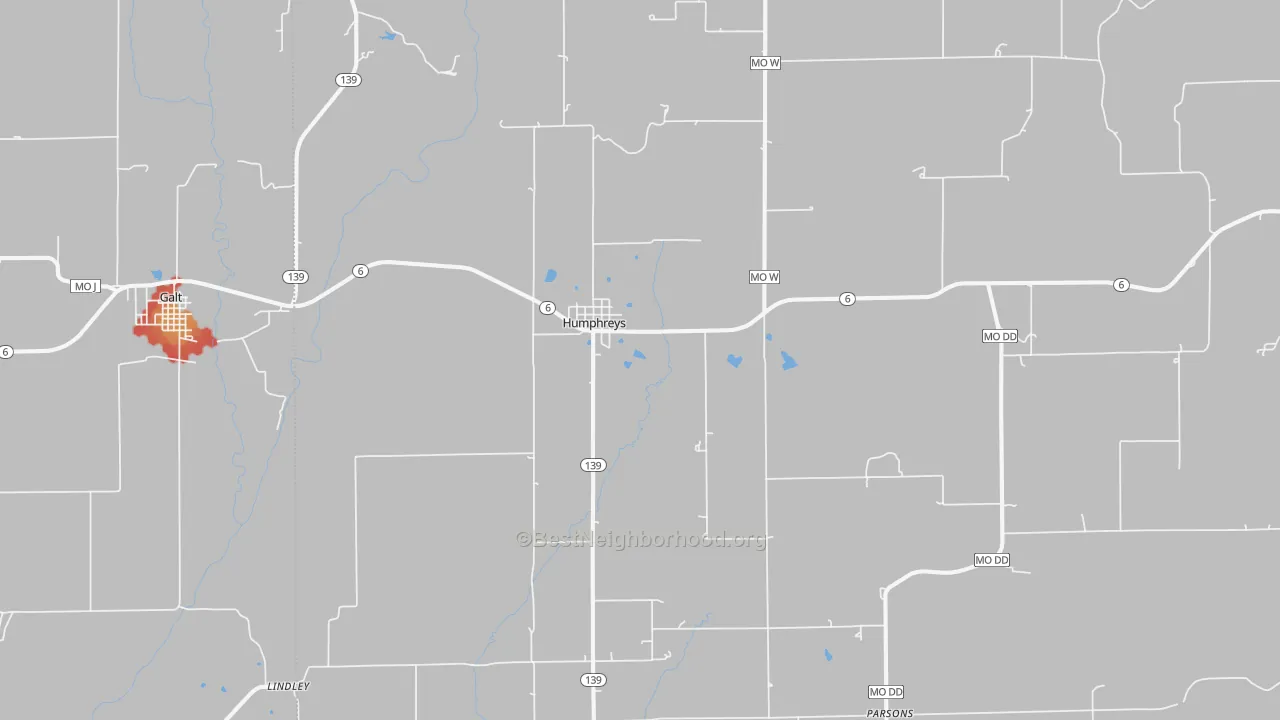 Walk Grade map of Humphreys, MO, walkable areas in green and car-dependent areas in red