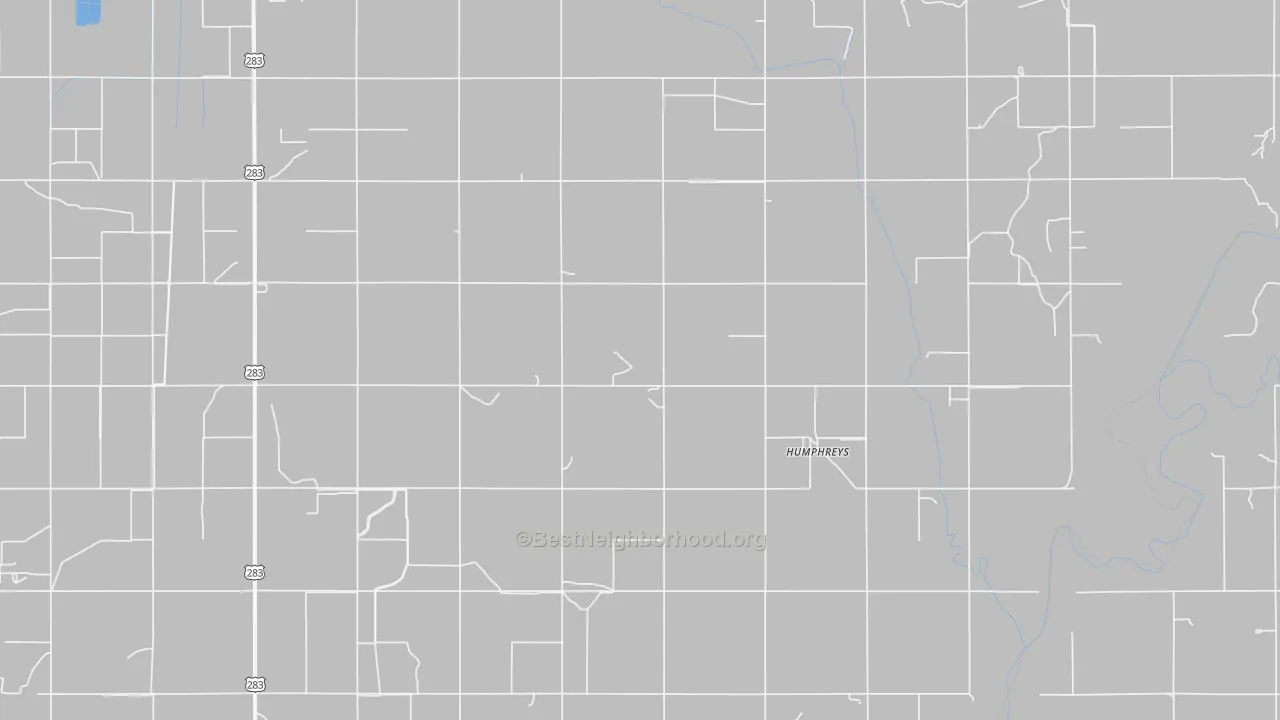 Walk Grade map of Humphreys, OK, walkable areas in green and car-dependent areas in red