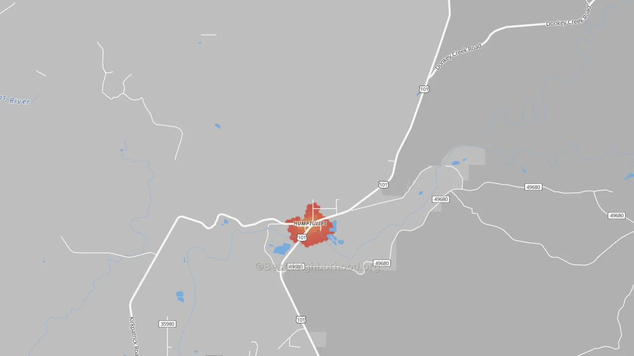 Walk Grade map of Humptulips, WA, walkable areas in green and car-dependent areas in red