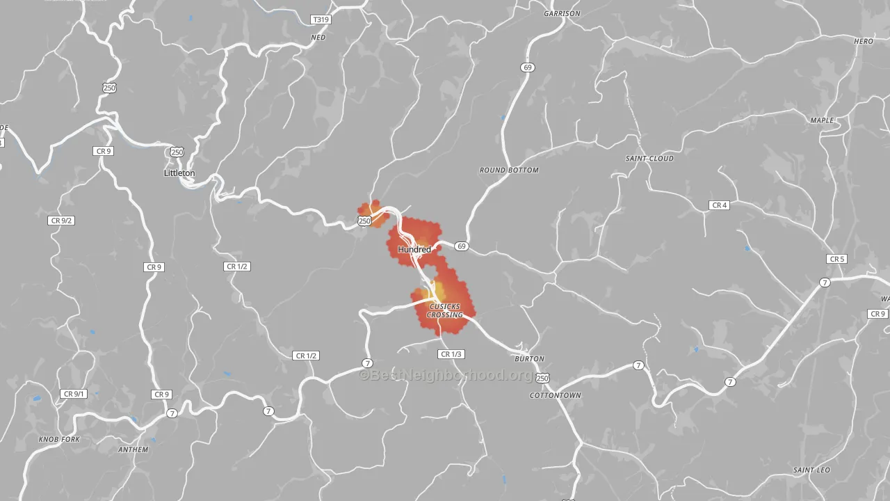 Walk Grade map of Hundred, WV, walkable areas in green and car-dependent areas in red