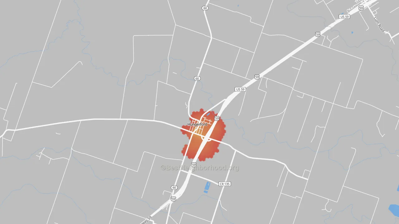 Walk Grade map of Hungerford, TX, walkable areas in green and car-dependent areas in red