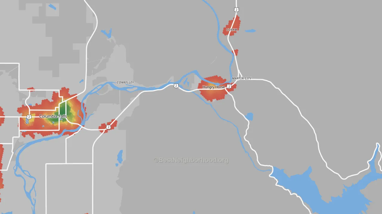 Walk Grade map of Hungry Horse, MT, walkable areas in green and car-dependent areas in red