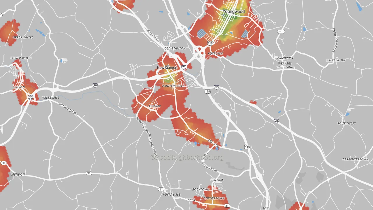 Walk Grade map of Hunker, PA, walkable areas in green and car-dependent areas in red