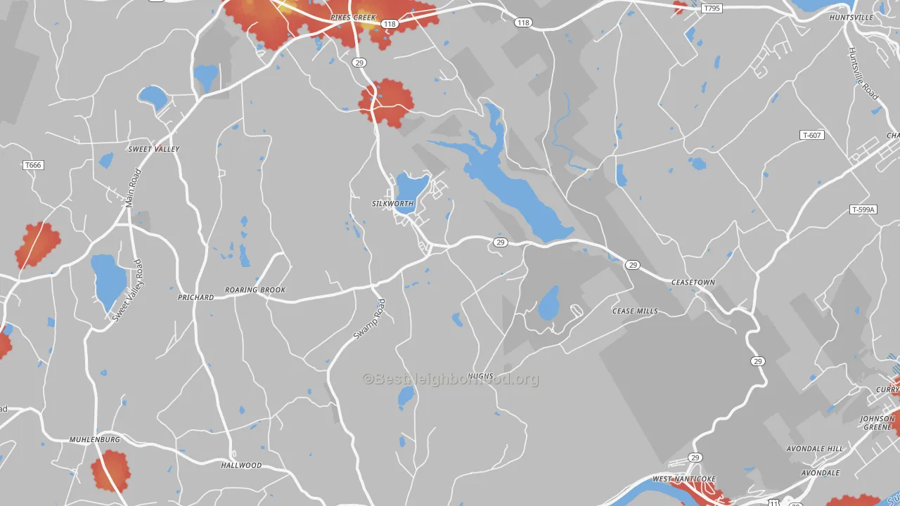 Walk Grade map of Hunlock Creek, PA, walkable areas in green and car-dependent areas in red