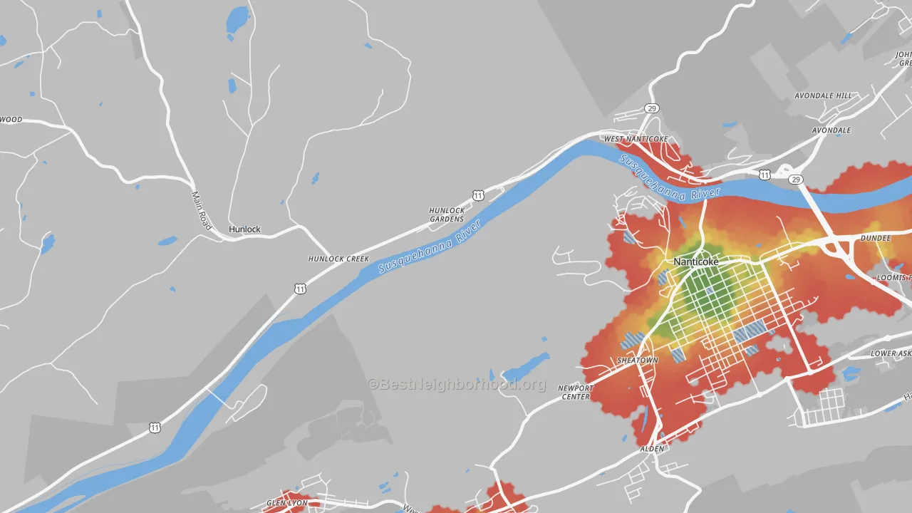 Walk Grade map of Hunlock Gardens, PA, walkable areas in green and car-dependent areas in red