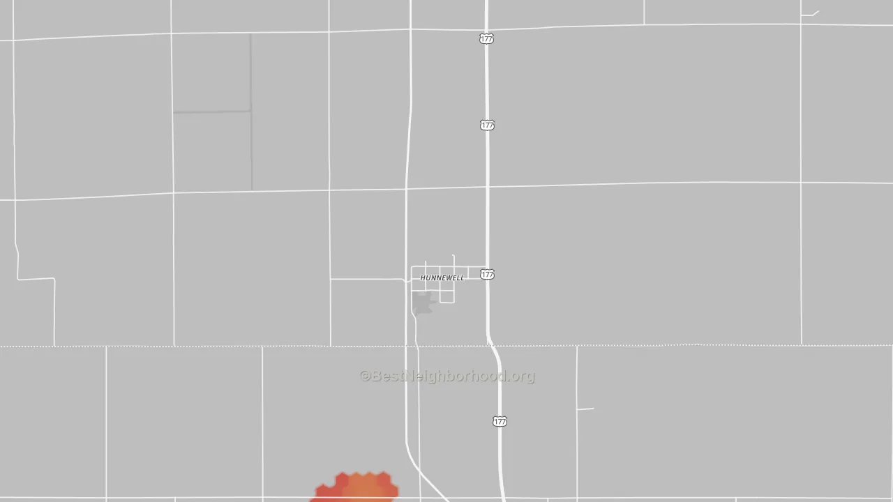 Walk Grade map of Hunnewell, KS, walkable areas in green and car-dependent areas in red