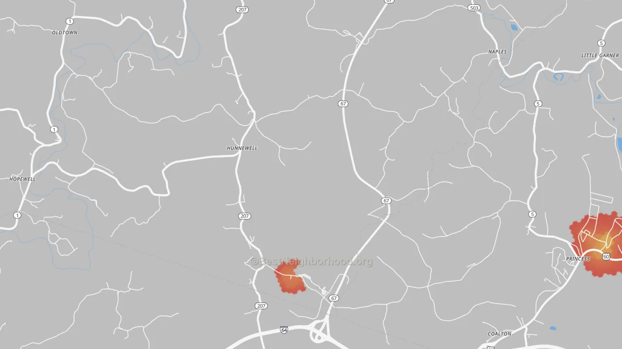 Walk Grade map of Hunnewell, KY, walkable areas in green and car-dependent areas in red