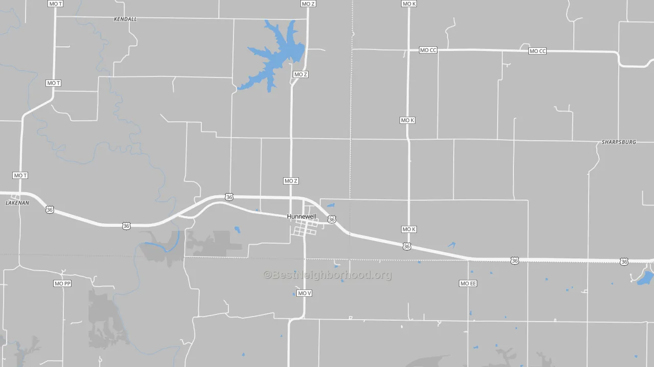 Walk Grade map of Hunnewell, MO, walkable areas in green and car-dependent areas in red