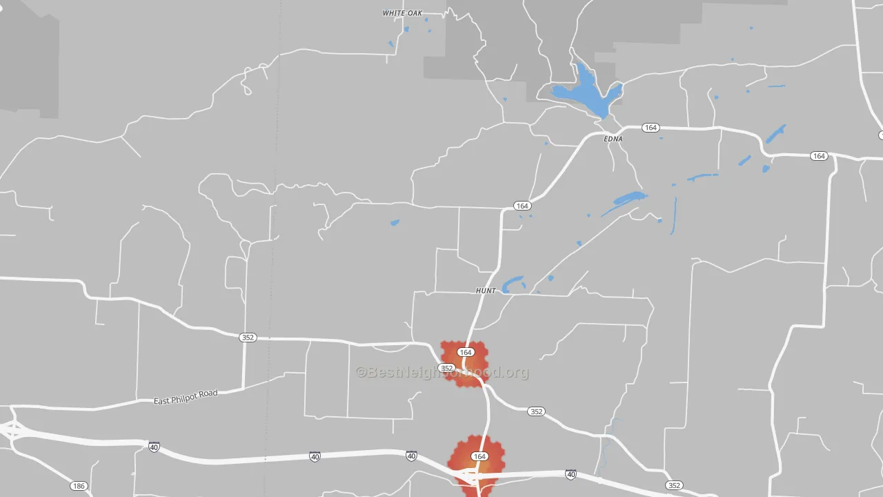 Walk Grade map of Hunt, AR, walkable areas in green and car-dependent areas in red