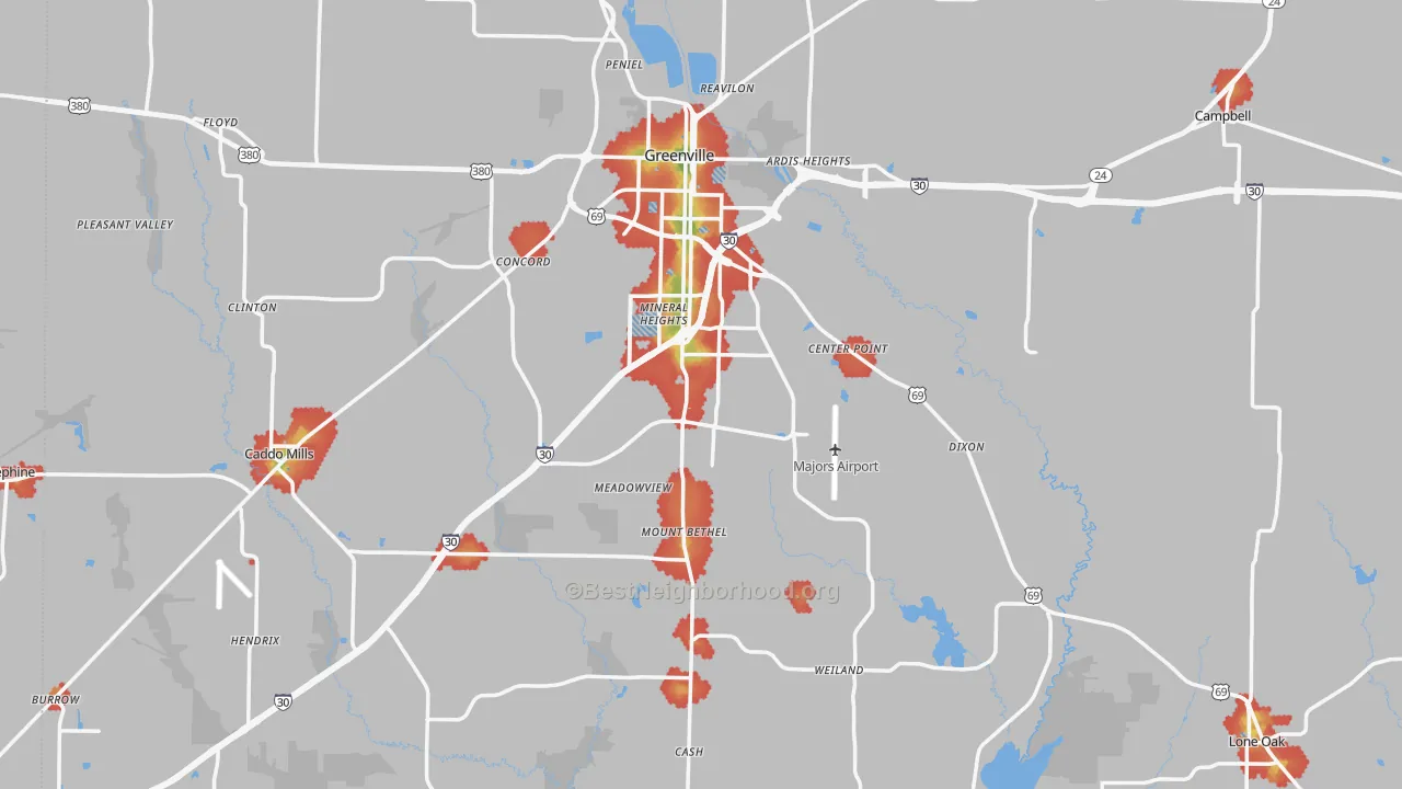 Walk Grade map of Hunt County, TX, walkable areas in green and car-dependent areas in red