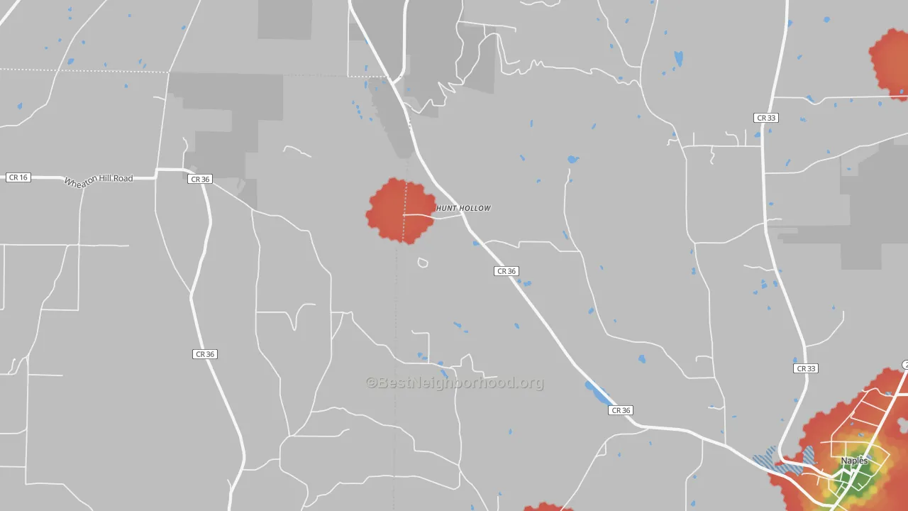 Walk Grade map of Hunt Hollow, NY, walkable areas in green and car-dependent areas in red