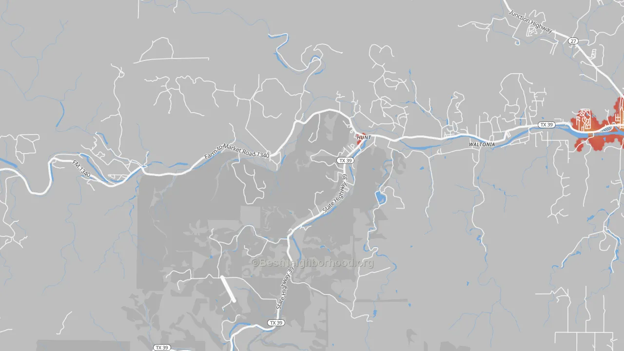 Walk Grade map of Hunt, TX, walkable areas in green and car-dependent areas in red