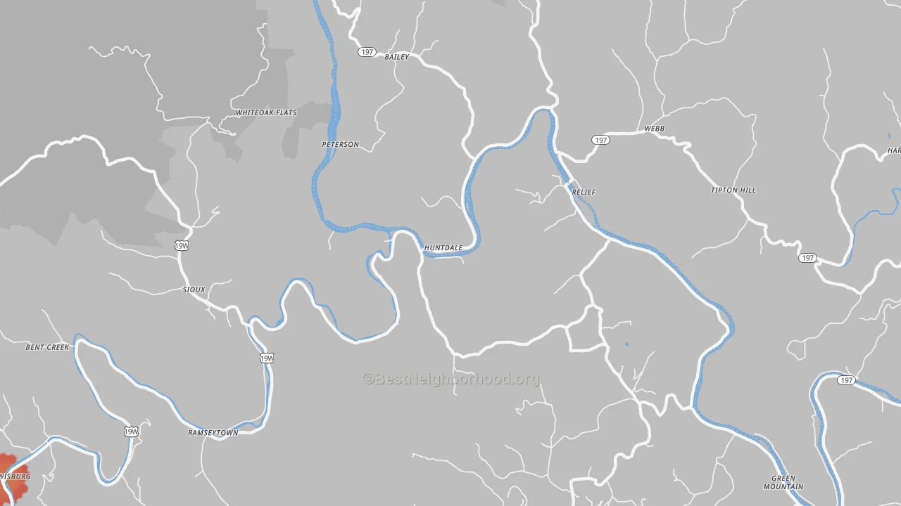 Walk Grade map of Huntdale, NC, walkable areas in green and car-dependent areas in red