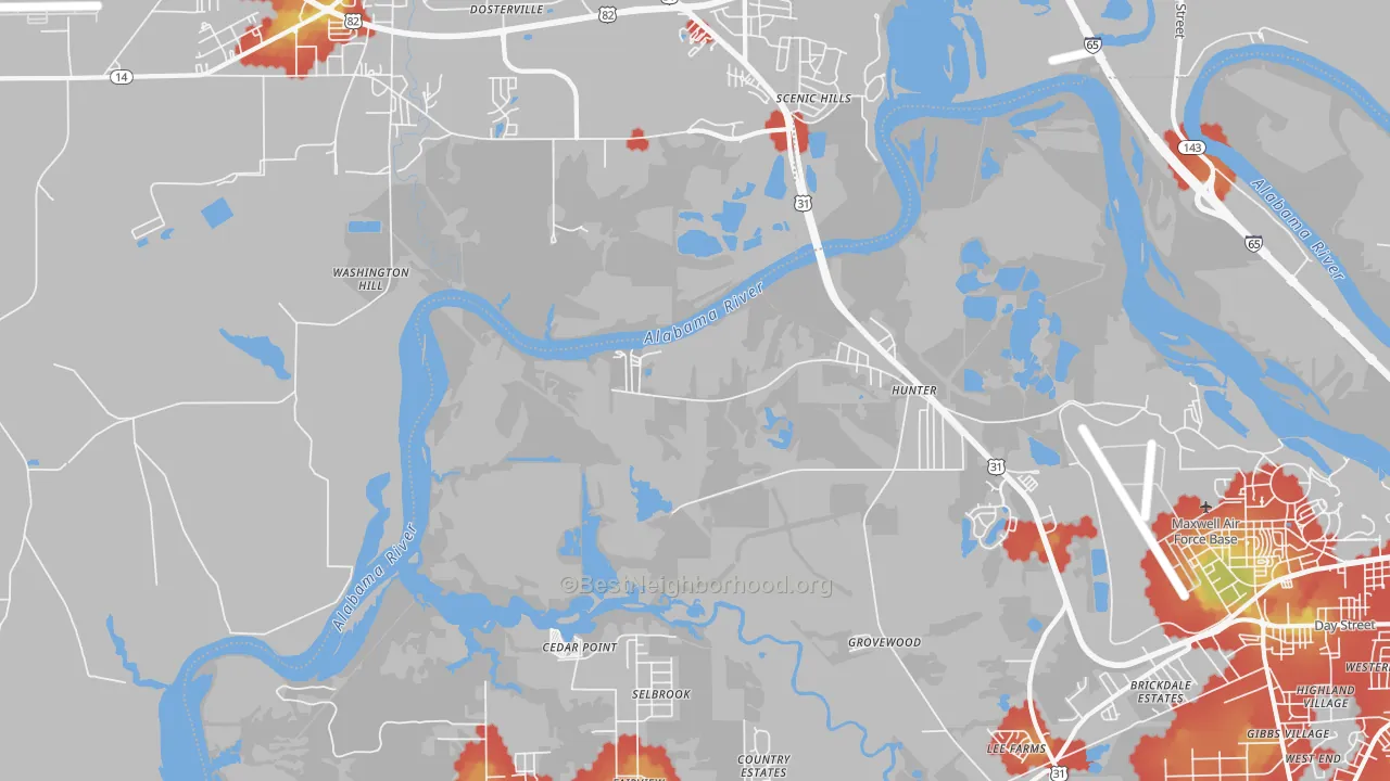 Walk Grade map of Hunter, AL, walkable areas in green and car-dependent areas in red