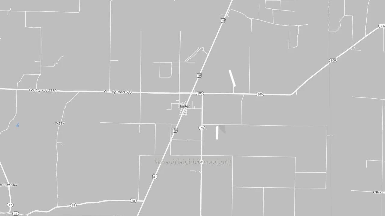 Walk Grade map of Hunter, AR, walkable areas in green and car-dependent areas in red