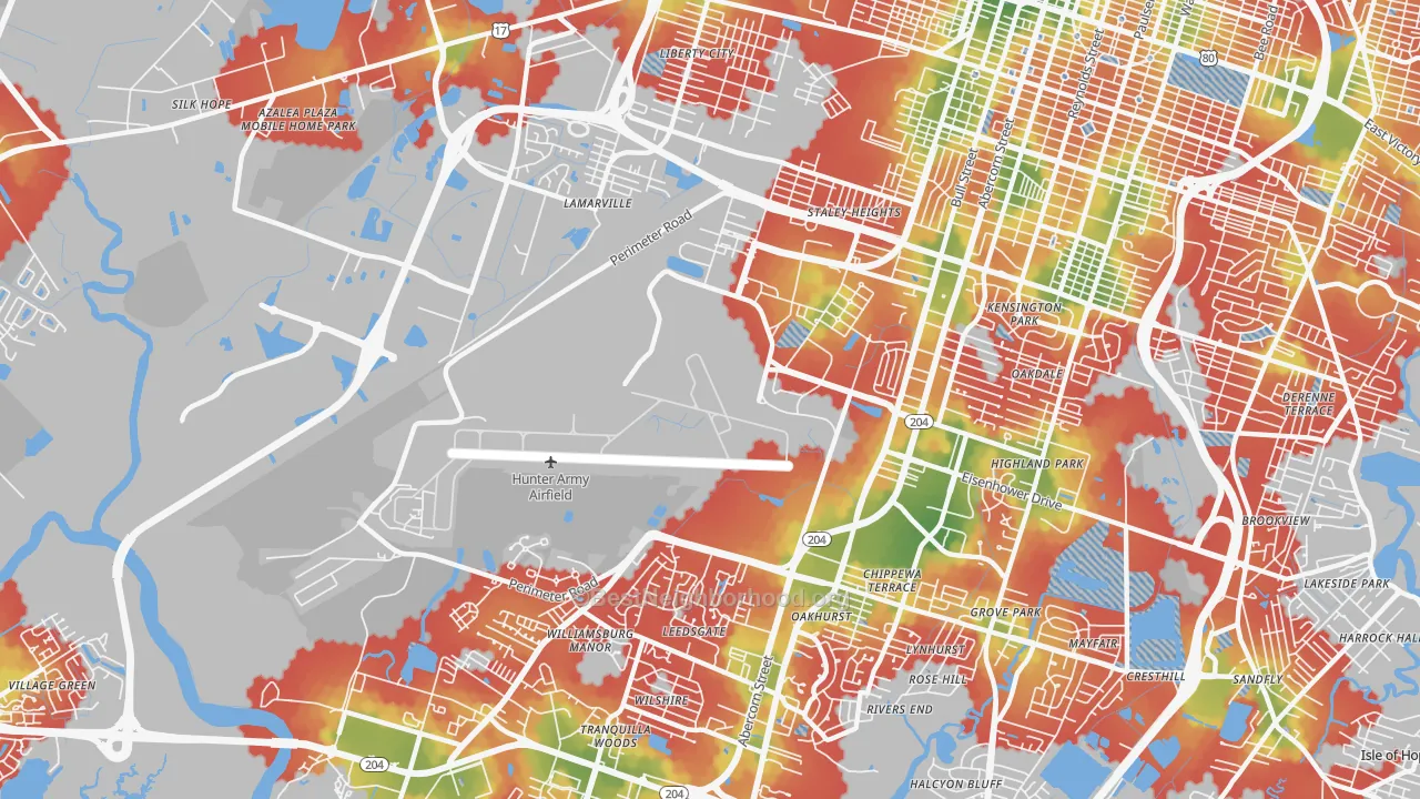 Walk Grade map of Hunter Army Airfield, Savannah, GA, walkable areas in green and car-dependent areas in red