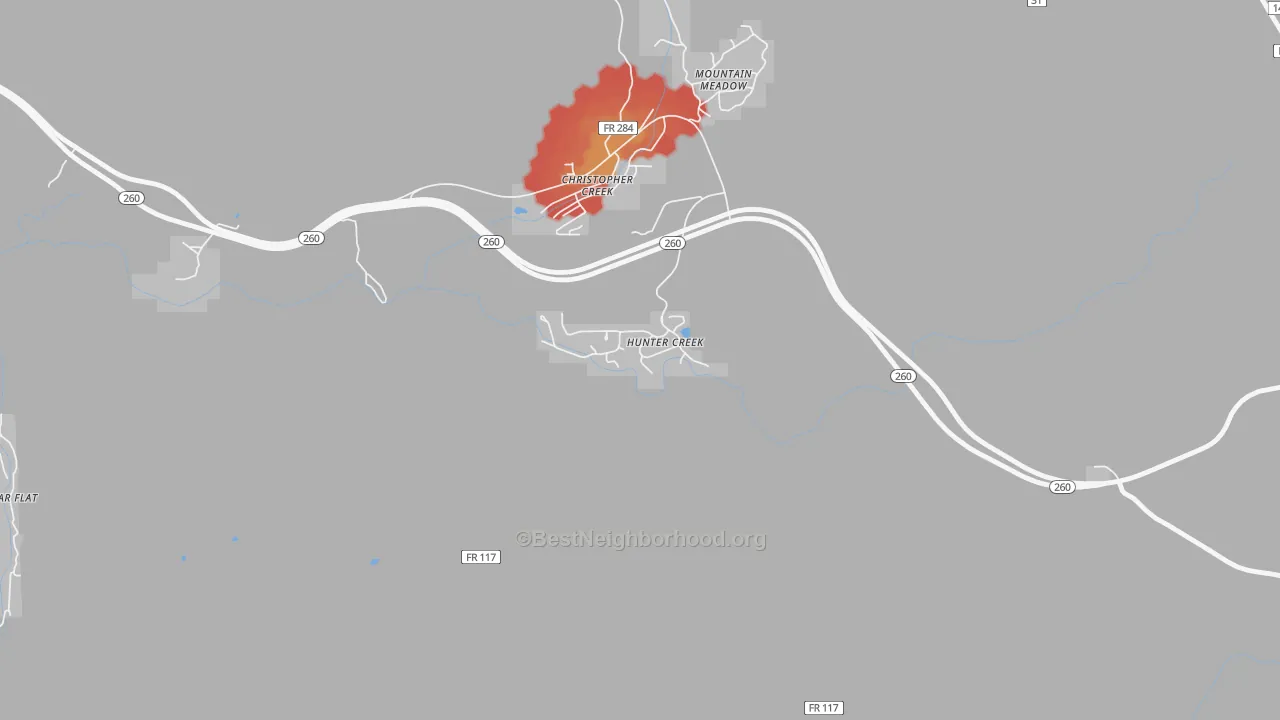 Walk Grade map of Hunter Creek, AZ, walkable areas in green and car-dependent areas in red