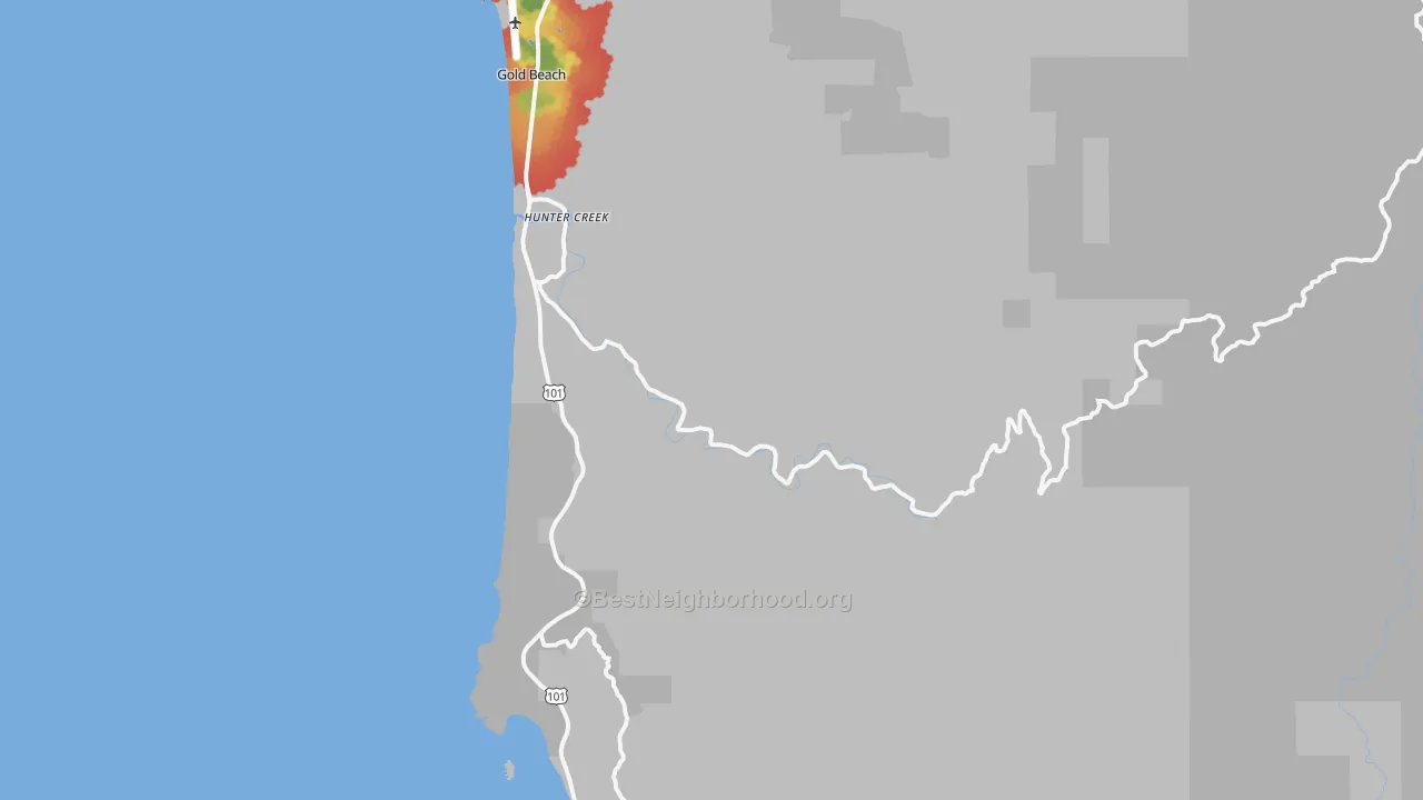 Walk Grade map of Hunter Creek, OR, walkable areas in green and car-dependent areas in red