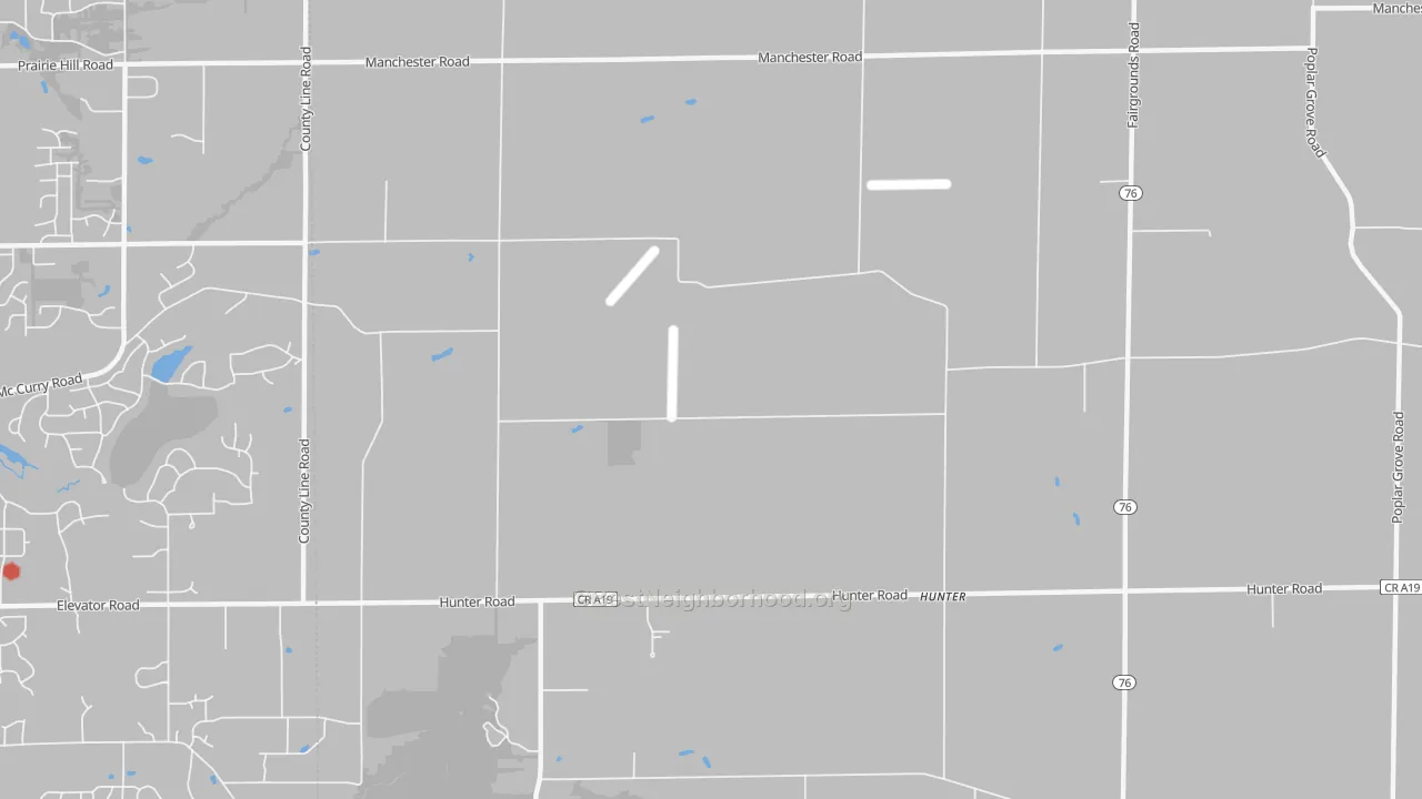 Walk Grade map of Hunter, IL, walkable areas in green and car-dependent areas in red