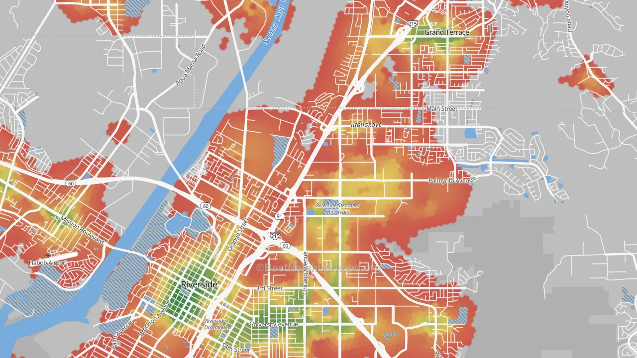 Walk Grade map of Hunter Industrial Park, Riverside, CA, walkable areas in green and car-dependent areas in red