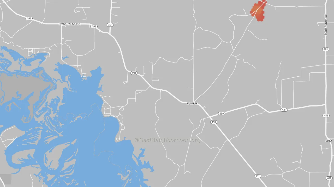 Walk Grade map of Hunter, LA, walkable areas in green and car-dependent areas in red