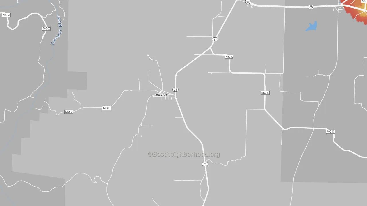 Walk Grade map of Hunter, MO, walkable areas in green and car-dependent areas in red