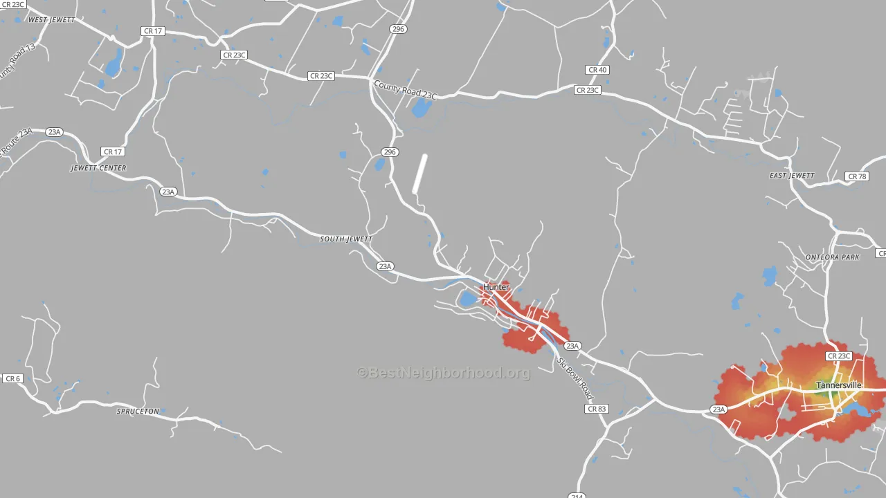 Walk Grade map of Hunter, NY, walkable areas in green and car-dependent areas in red
